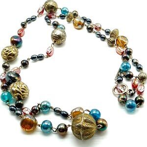 Vintage Long Necklace Multi-color Glass Beads with Metal Adornments & Chain Link